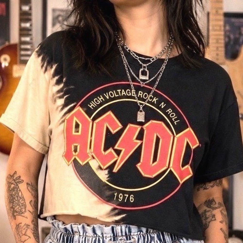 AC/DC High Voltage Rock N Roll Graphic Crop Top‎ Women S/M Black Bleach Tie Dye